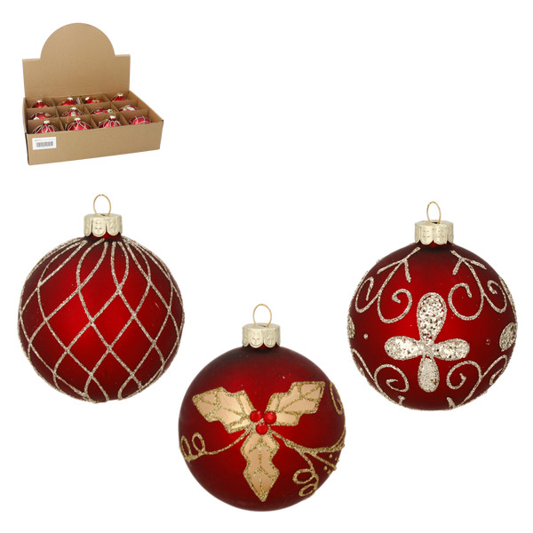Pallina di Natale in Vetro Rossa Decorata 8 cm – Decori Assortiti