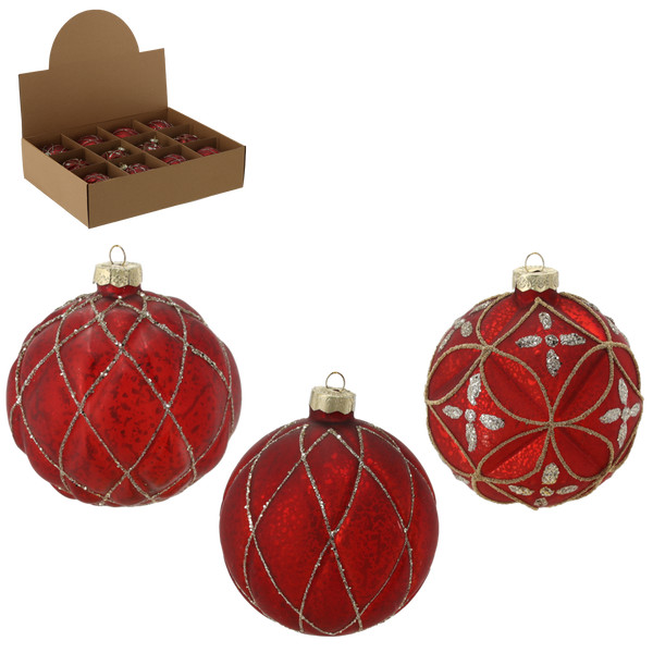 Pallina di Natale in Vetro Rosso Scuro Decorata 10 cm – Decori Assortiti