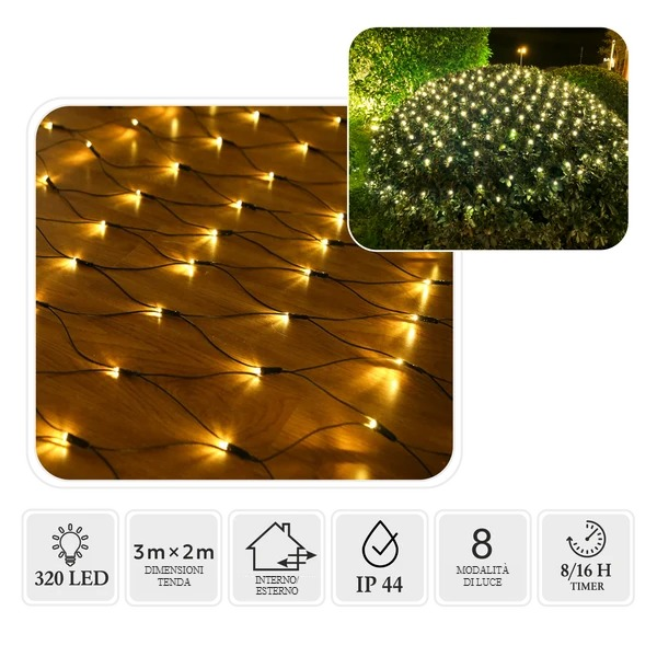 Tenda Luminosa a Rete 320 LED Bianco Caldo 3 x 2 m Interno/Esterno