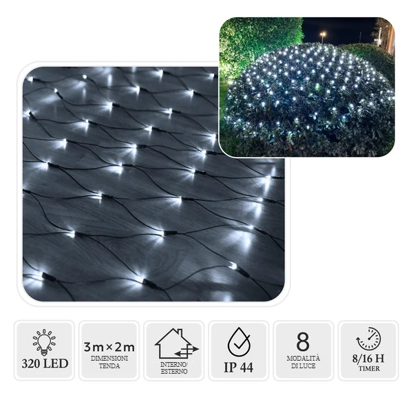 Tenda Luminosa a Rete 320 LED Bianco Freddo 3 x 2 m Interno/Esterno