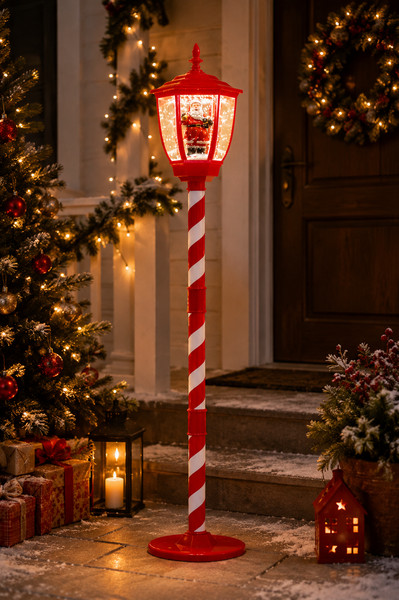 Lampione Natalizio Bastoncino di Zucchero con Neve, Musica e LED 150 cm