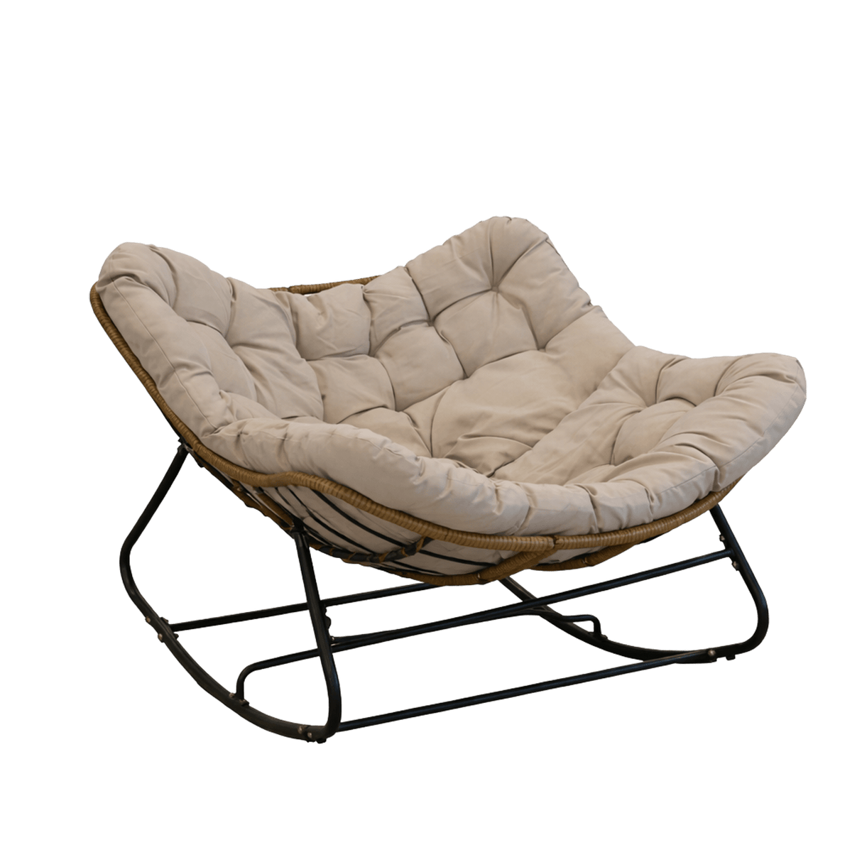 Poltrona a Dondolo Svinga in Rattan con Cuscini Grigi 112 x 104 x 69 cm