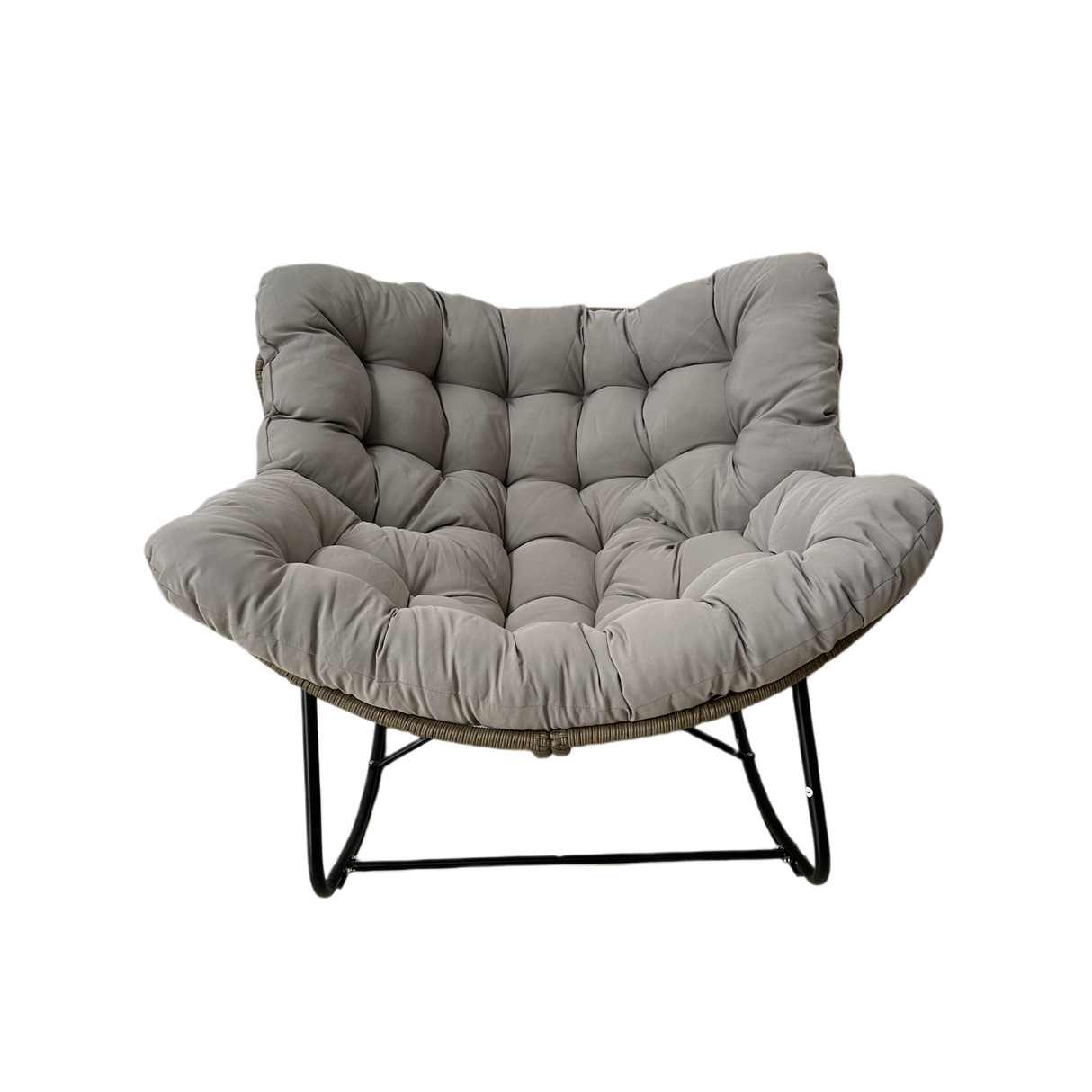 Poltrona a Dondolo Svinga in Rattan con Cuscini Grigi 112 x 104 x 69 cm