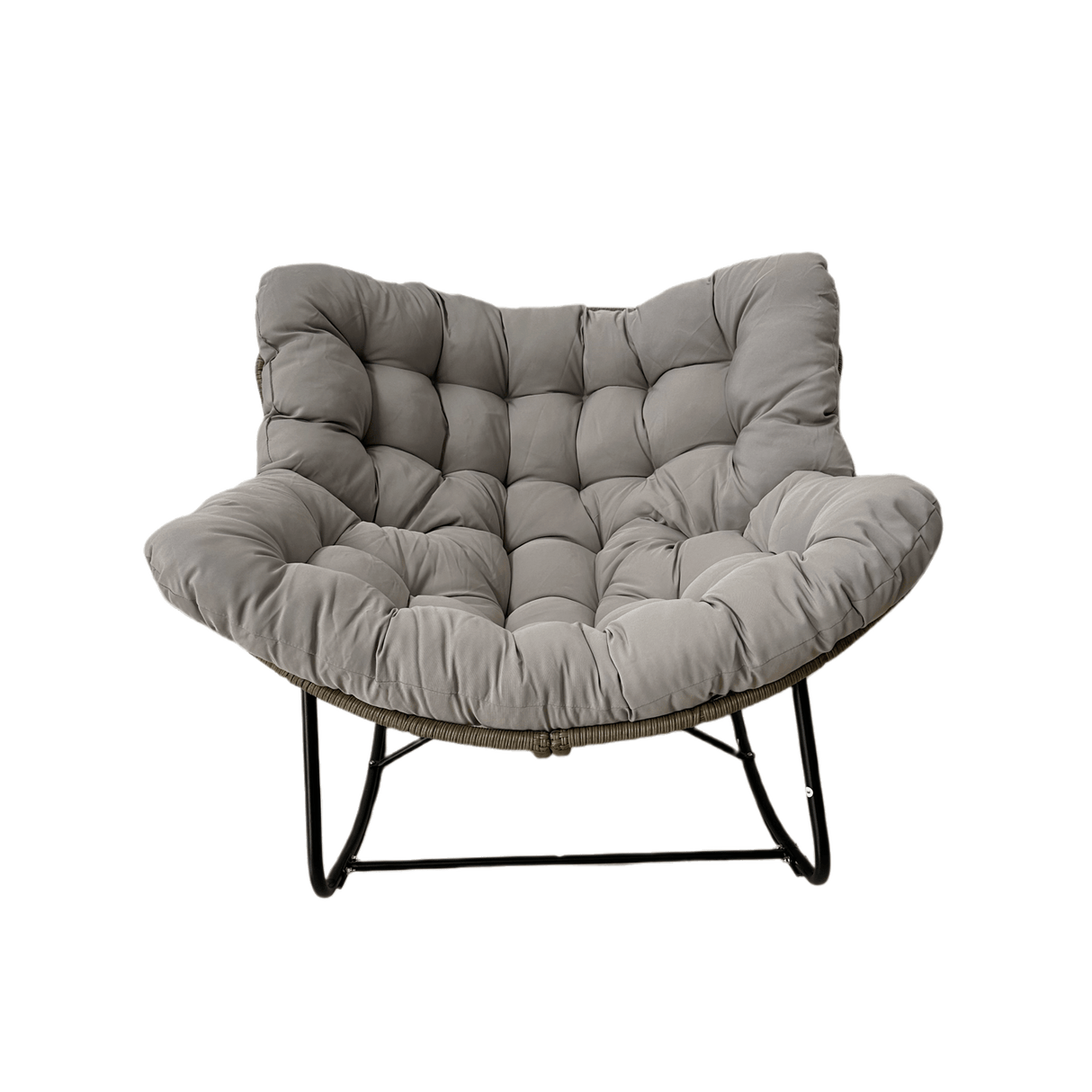 Poltrona a Dondolo Svinga in Rattan con Cuscini Grigi 112 x 104 x 69 cm