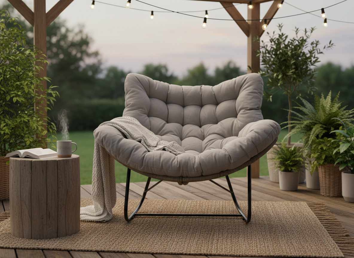 Poltrona a Dondolo Svinga in Rattan con Cuscini Grigi 112 x 104 x 69 cm