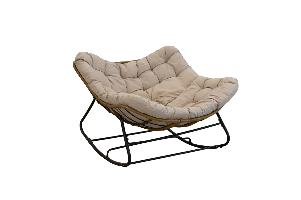 Poltrona a Dondolo Svinga in Rattan con Cuscini Grigi 112 x 104 x 69 cm