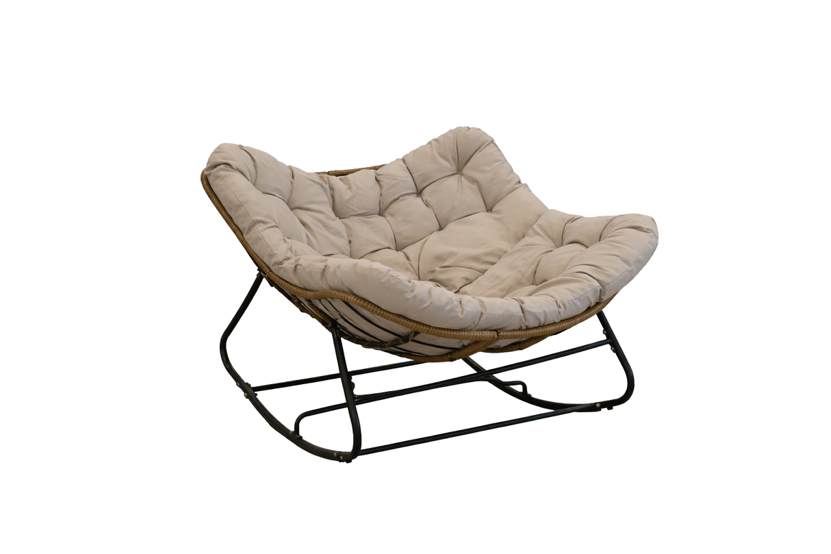Poltrona a Dondolo Svinga in Rattan con Cuscini Grigi 112 x 104 x 69 cm