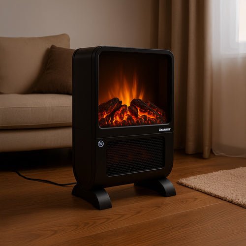 Termoventilatore con effetto fiamma 3D 2000W – PTC ceramico, telecomando, timer 24h