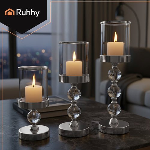 Set 3 portacandele glamour Ruhhy 22314 – altezze diverse, dettagli cristallo, effetto specchio, argento