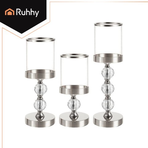 Set 3 portacandele glamour Ruhhy 22314 – altezze diverse, dettagli cristallo, effetto specchio, argento