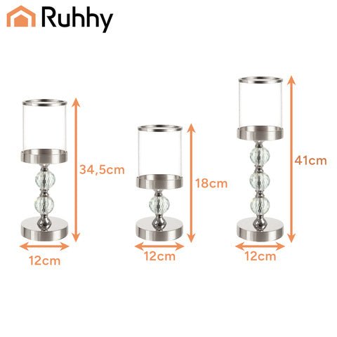 Set 3 portacandele glamour Ruhhy 22314 – altezze diverse, dettagli cristallo, effetto specchio, argento