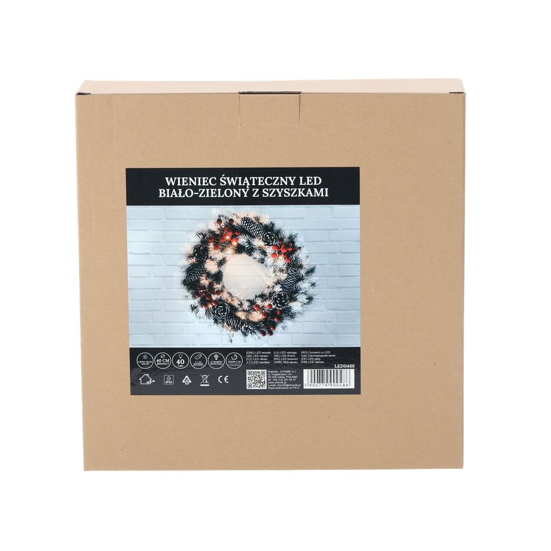 Corona Natalizia Bianca e Verde con Pigne e 40 LED a Batteria