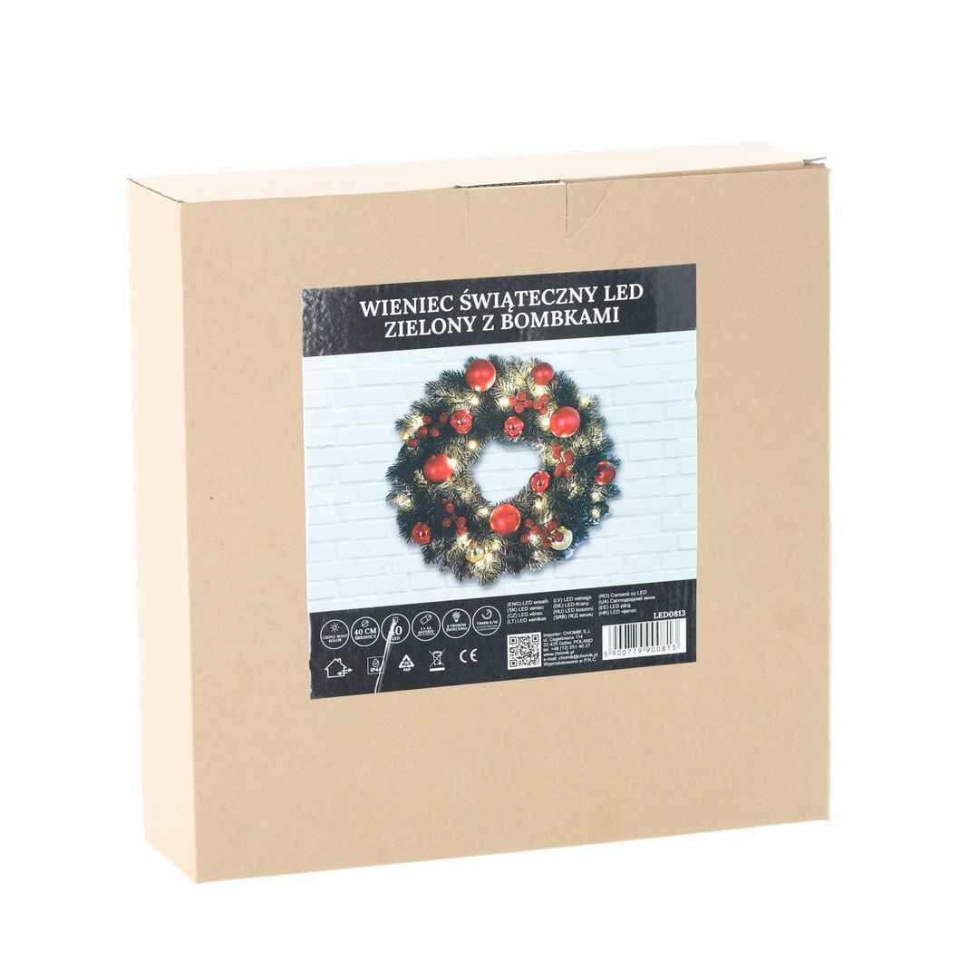 Corona Natalizia Verde con Palline e 40 LED a Batteria
