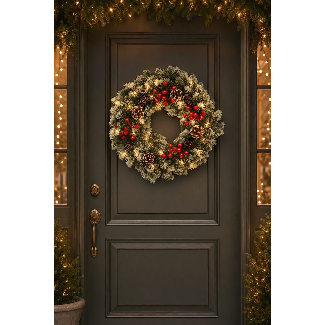 Corona Natalizia Bianca e Verde con Pigne e 40 LED a Batteria