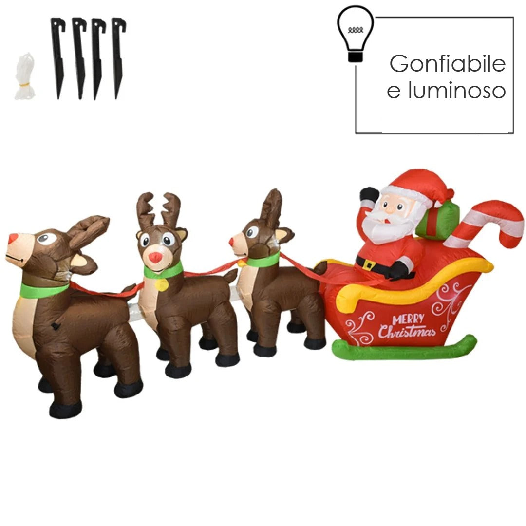 Babbo Natale su slitta con renne gonfiabile 300 cm