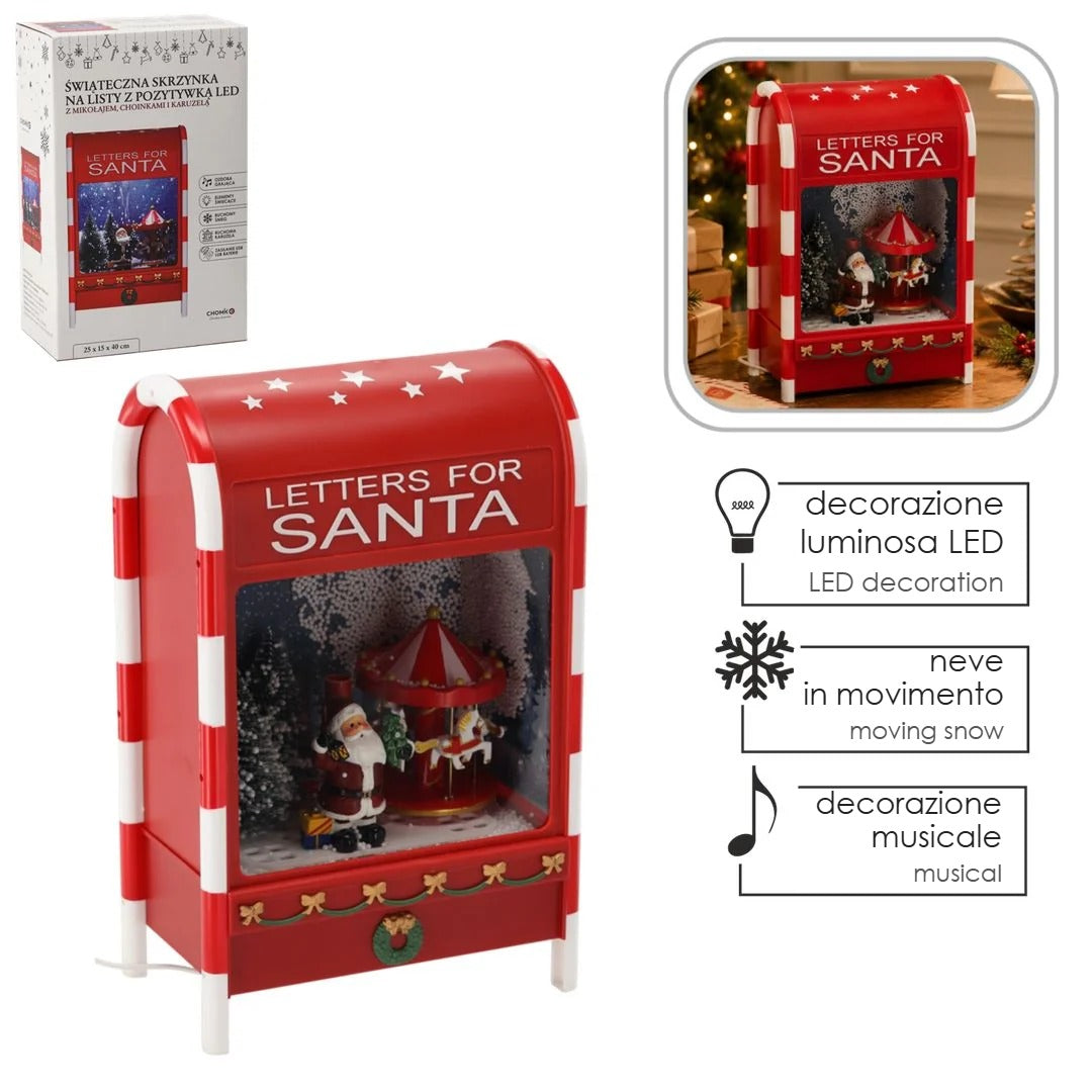 Cassetta Postale di Babbo Natale con Carillon, Giostra e LED 25 x 15 x 40 cm