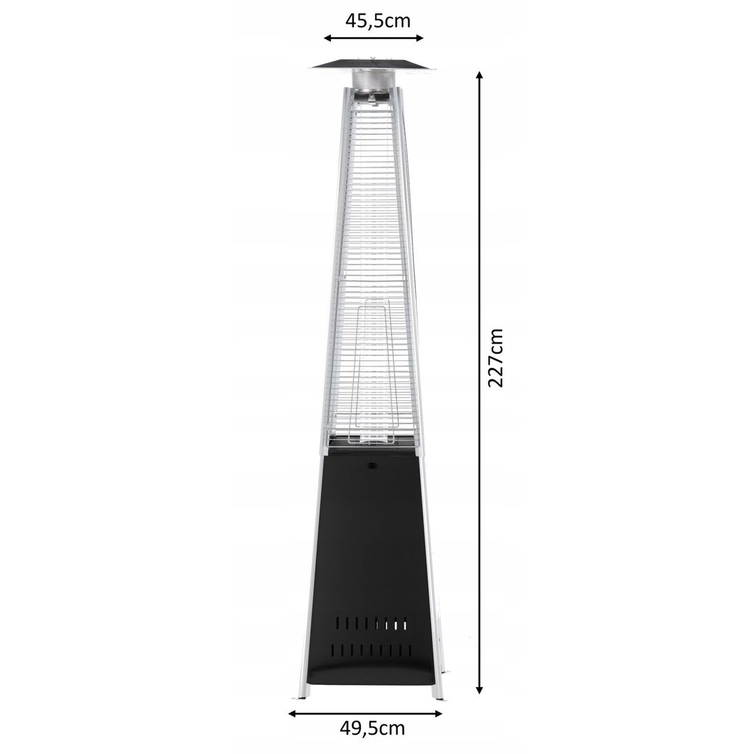 Stufa a gas a piramide con misure: altezza 227 cm, base 49,5 cm