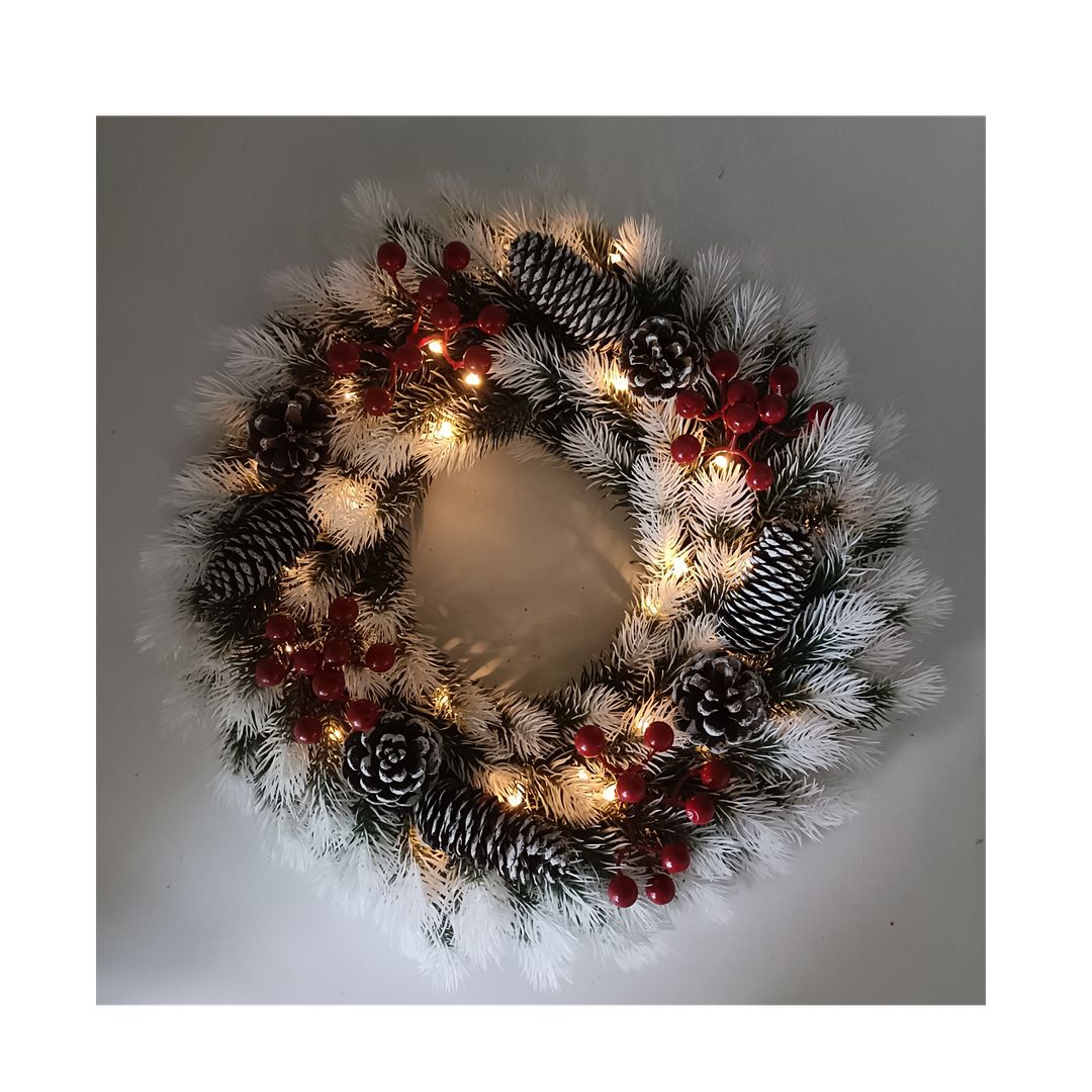 Corona Natalizia Bianca e Verde con Pigne e 40 LED a Batteria