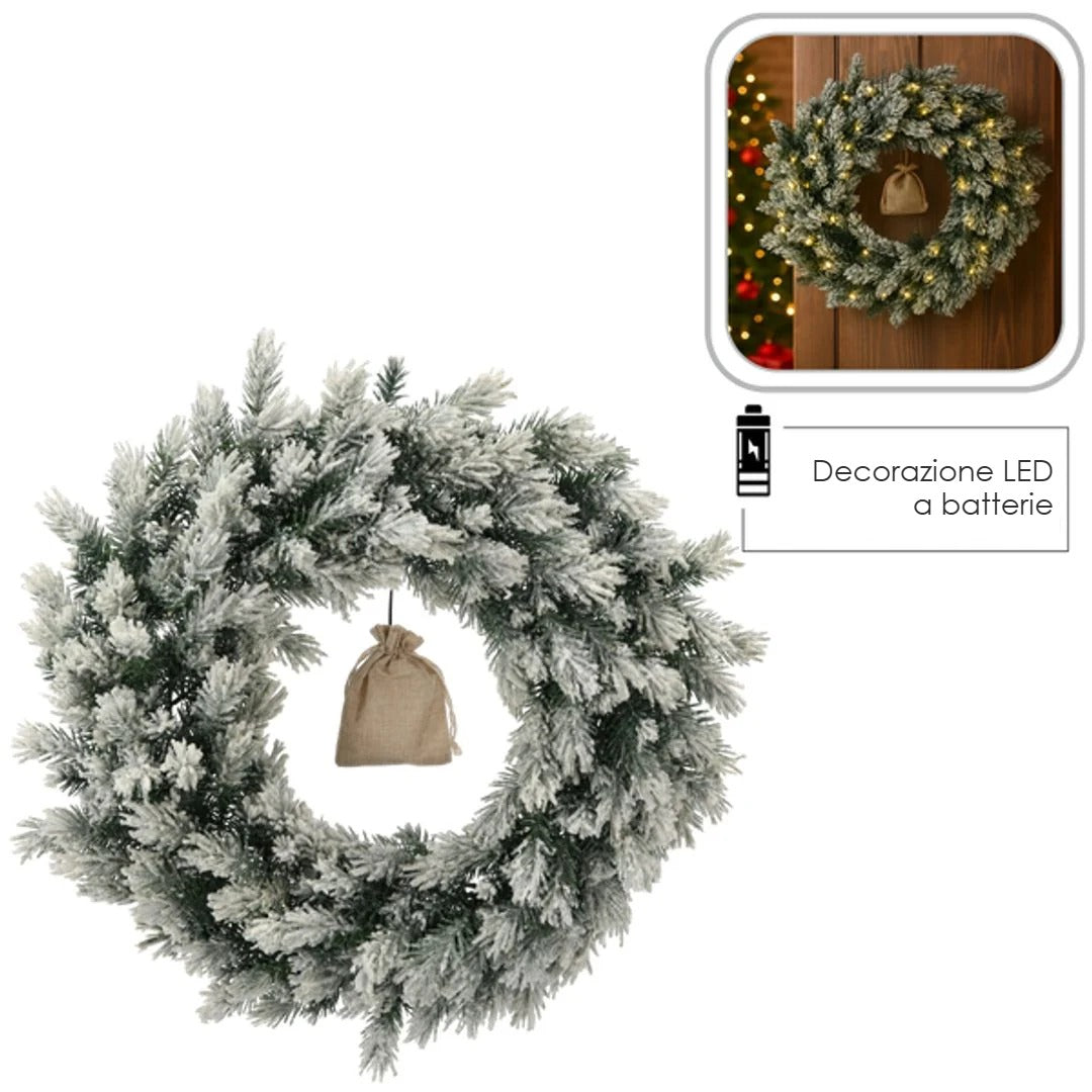 Corona natalizia di pino innevata 60 cm LED