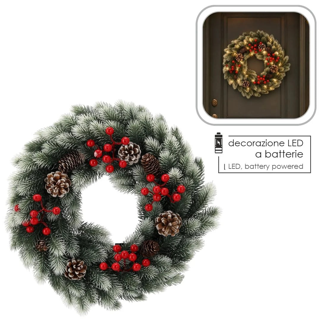 Corona Natalizia Bianca e Verde con Pigne e 40 LED a Batteria