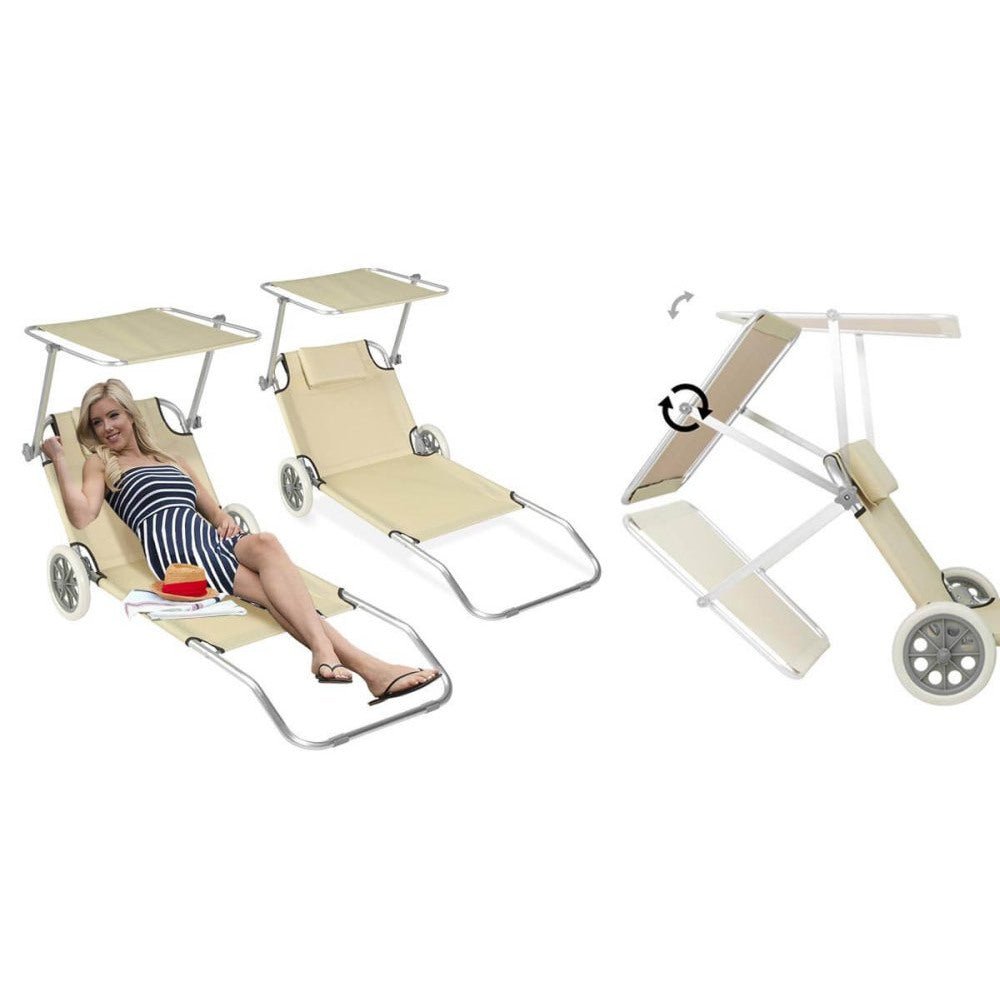 Lettino mobile con tettuccio ombra trasformabile in carrellino porta oggetti mare - beige