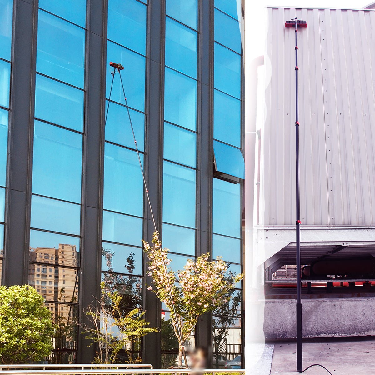 Brosse avec jets d'eau manche télescopique hauteur réglable jusqu'à 6 mètres pour le lavage des vitres et des panneaux solaires