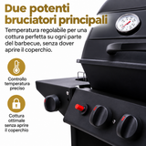 Barbecue a Gas Alora 2 Bruciatori Inox Fornello Laterale Termometro Ruote