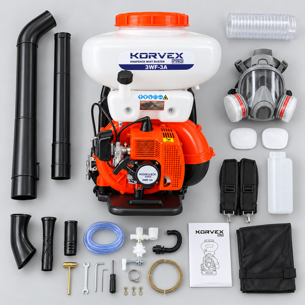 Atomizzatore a Spalla a Scoppio Korvex Pro 20 L – 41,5 cc 2,2 kW, Liquidi e Polveri, Kit con Maschera