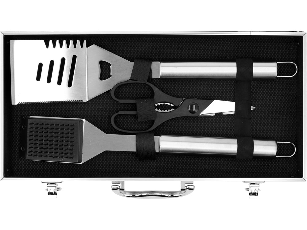 Set barbecue acciaio inox 7 utensili con valigia in alluminio