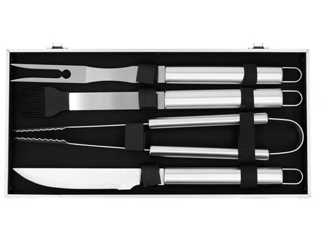 Set barbecue acciaio inox 7 utensili con valigia in alluminio
