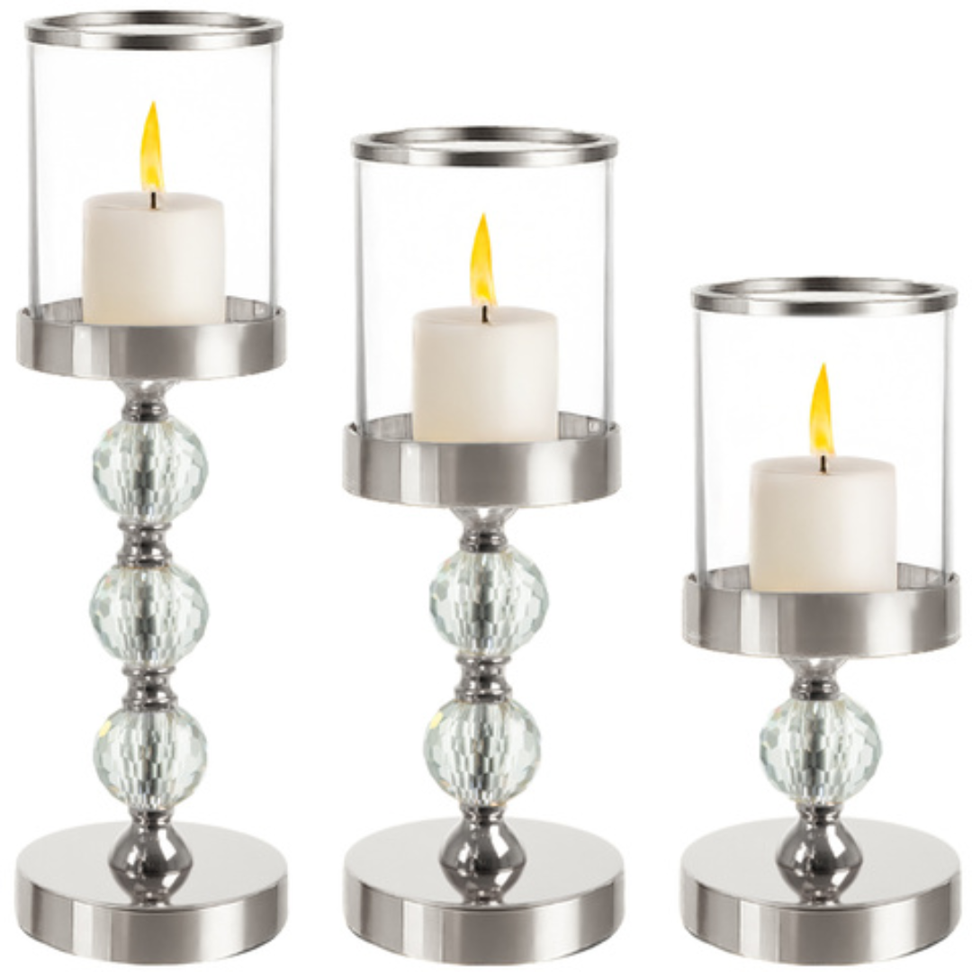 Set 3 portacandele glamour Ruhhy 22314 – altezze diverse, dettagli cristallo, effetto specchio, argento