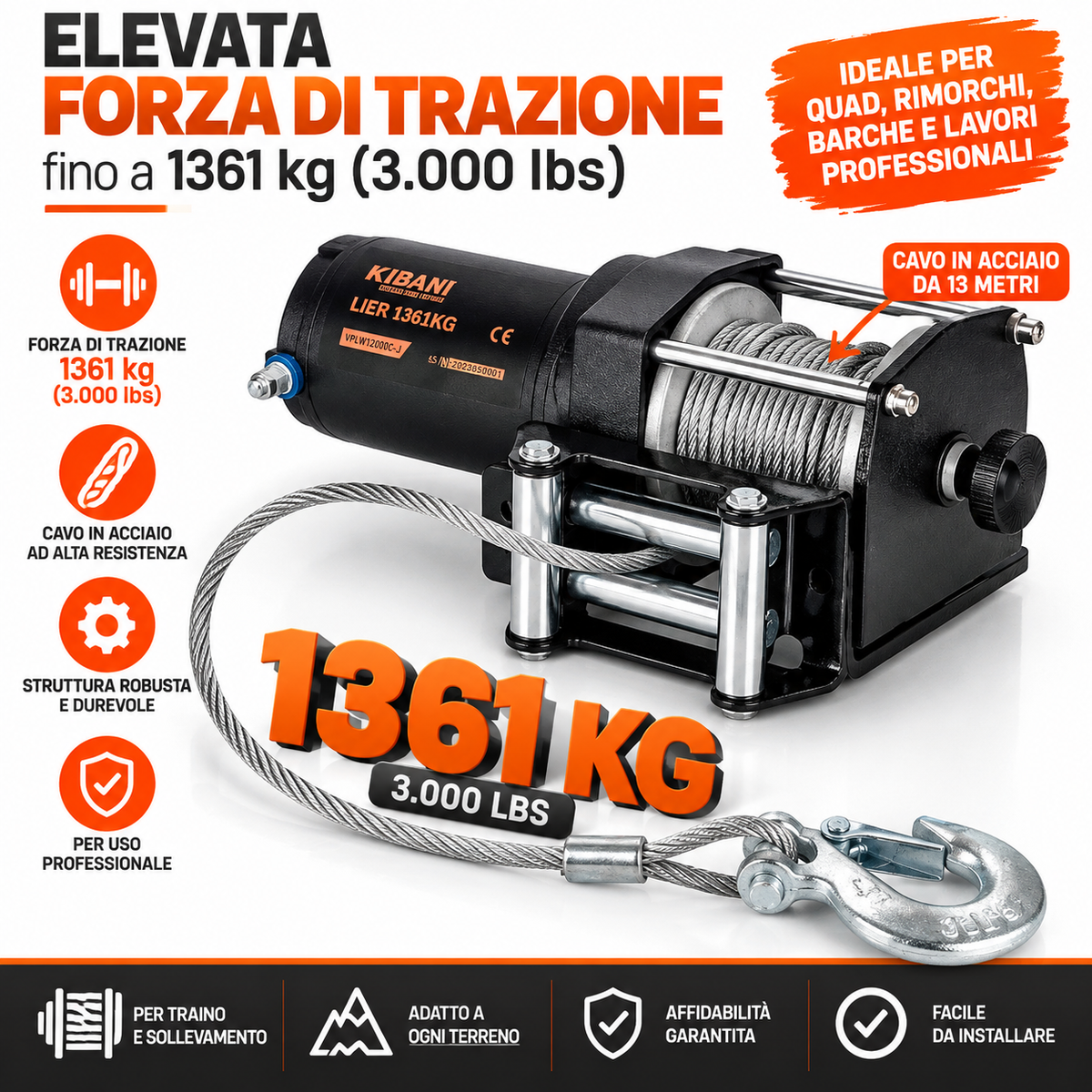 Treuil de voiture jeep Parauti - Treuil de remorquage avec télécommande 12 V 1361 KG - câble en acier de 13,5 m