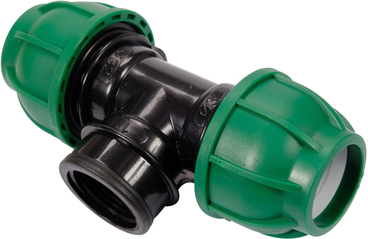 Raccordo a T per Tubi PE 32 mm x 1" x 32 mm – Attacco Centrale Femmina GW, Polipropilene 10 BAR FLO