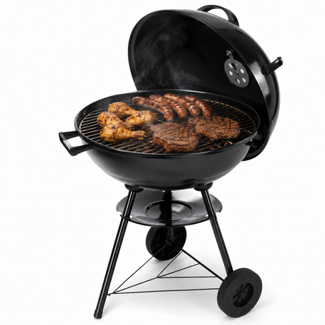 Barbecue a sfera Alora aperto con carne sulla griglia
