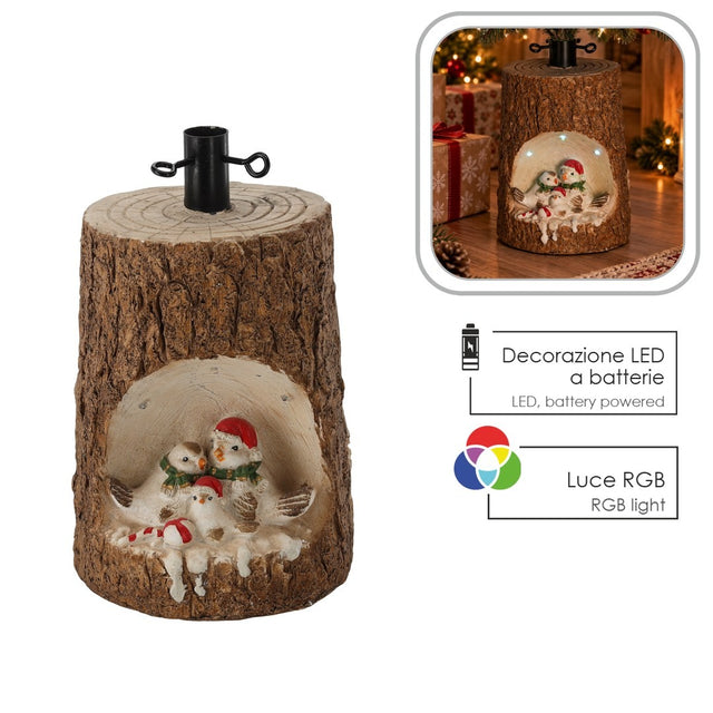 Base Decorativa per Albero di Natale Uccellini nel Tronco con LED