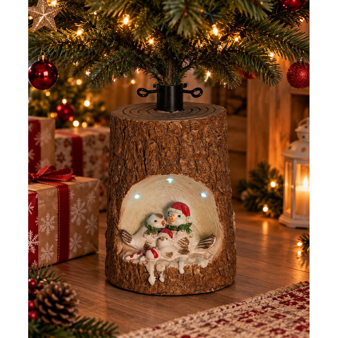 Base Decorativa per Albero di Natale Uccellini nel Tronco con LED