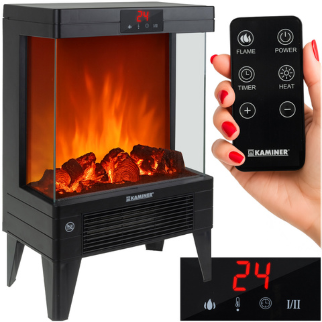 Termoventilatore con effetto fiamma 3D 2000W – 2 modalità, telecomando, timer 12h