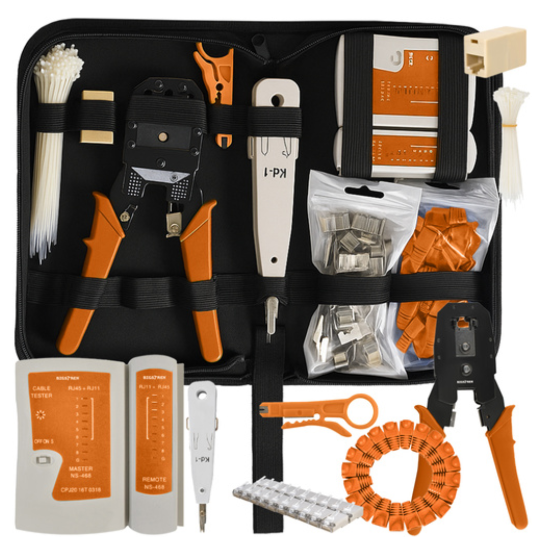 Set tester e crimpatrice di rete RJ45/RJ11 145 pz – con valigetta, connettori e fascette incluse