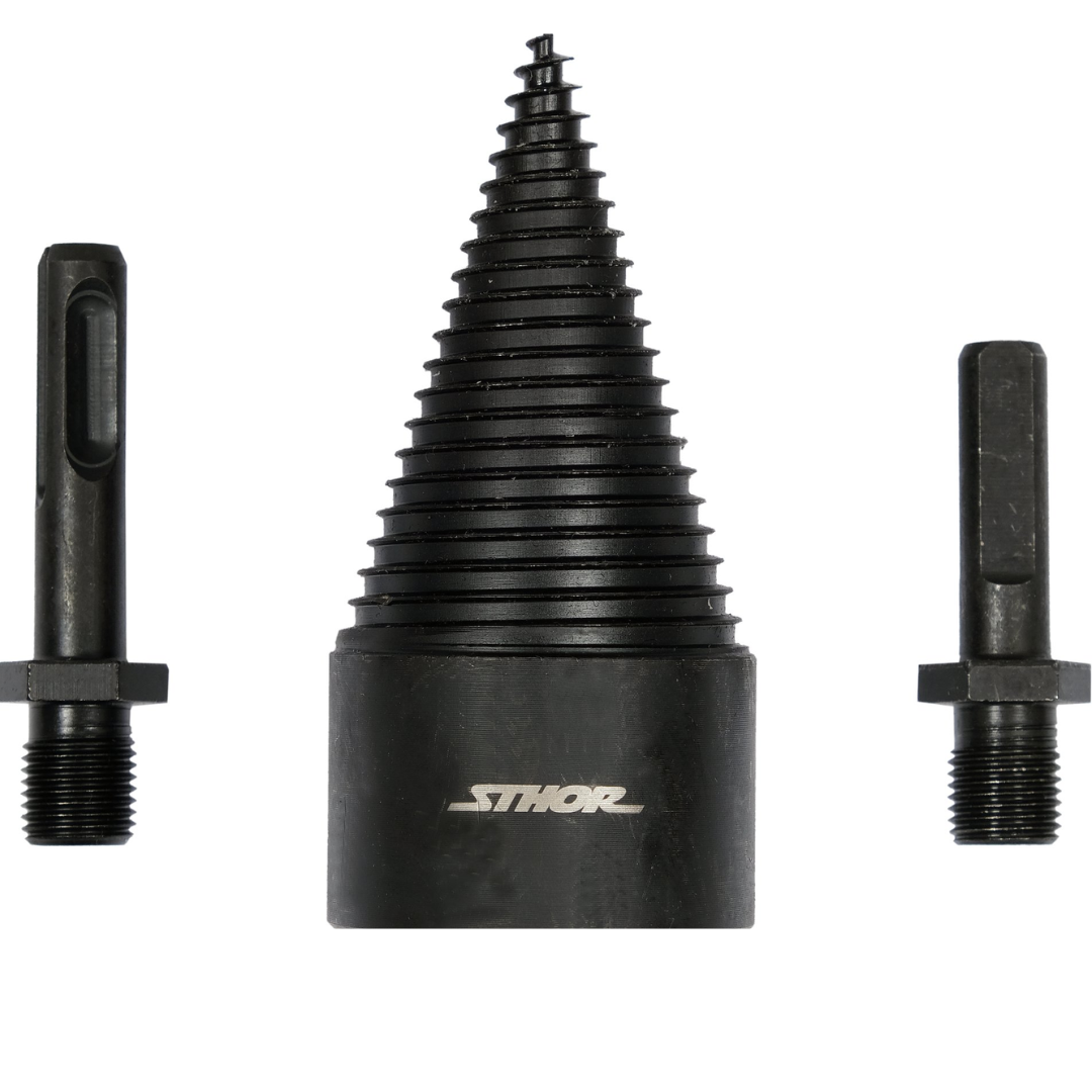 Set 3 punte spacca-legna Ø 45 mm – attacco SDS-Plus / esagonale a 3 piatti, acciaio carbonio brunito