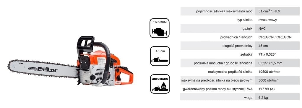 Motosega A Scoppio Nac 49,3cc 3CV 45cm Barra Professionale Oregon