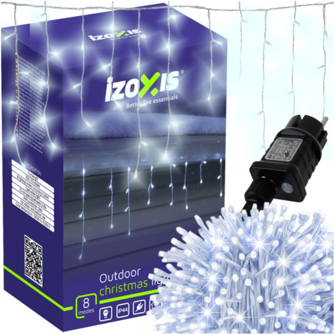 Luci di Natale IZOXIS 300 LED – 15 m, Bianco Freddo, IP44, 8 Modalità + Flash – Per Esterni e Interni