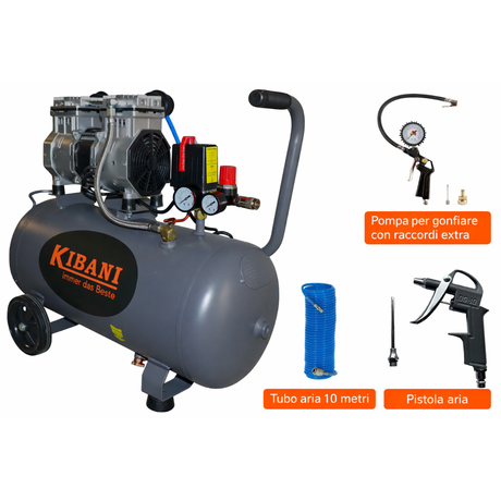 Compressore kibani silenzioso 24 o 50 litri Con set in Regalo Modello " senza olio "  1,5 CV o 2CV
