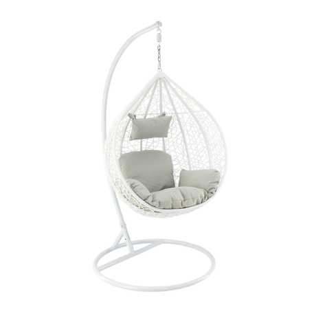 Poltrona sospesa Garden Line bianca in technorattan con cuscino grigio