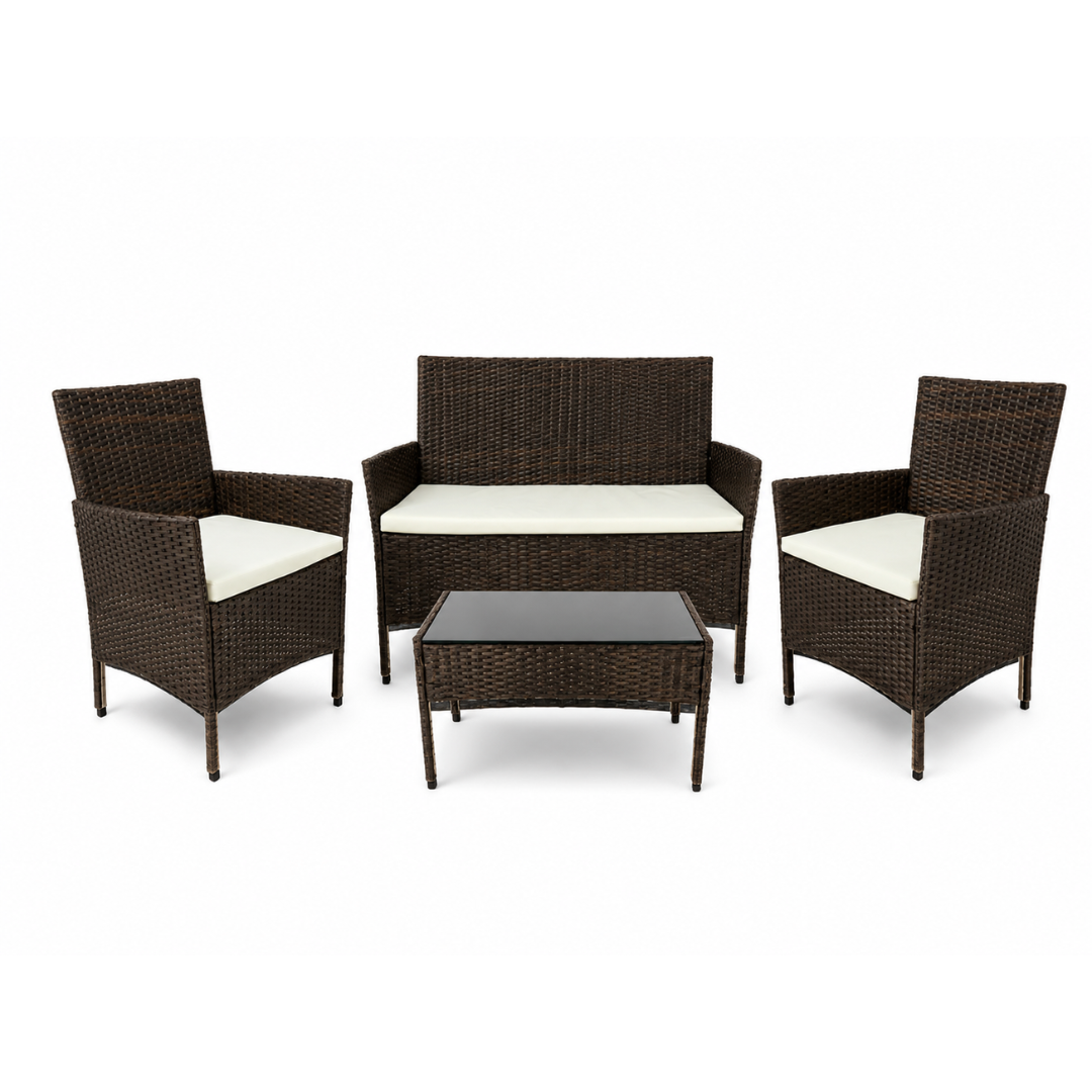 Set Mobili Technorattan Nero e Marrone Set di Divano 2 Poltrone e Tavolino in Vetro