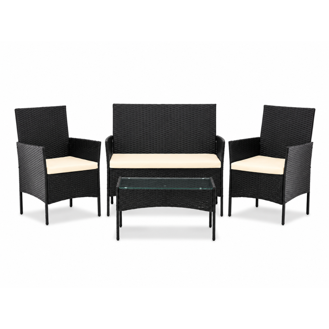 Set Mobili Technorattan Nero e Marrone Set di Divano 2 Poltrone e Tavolino in Vetro