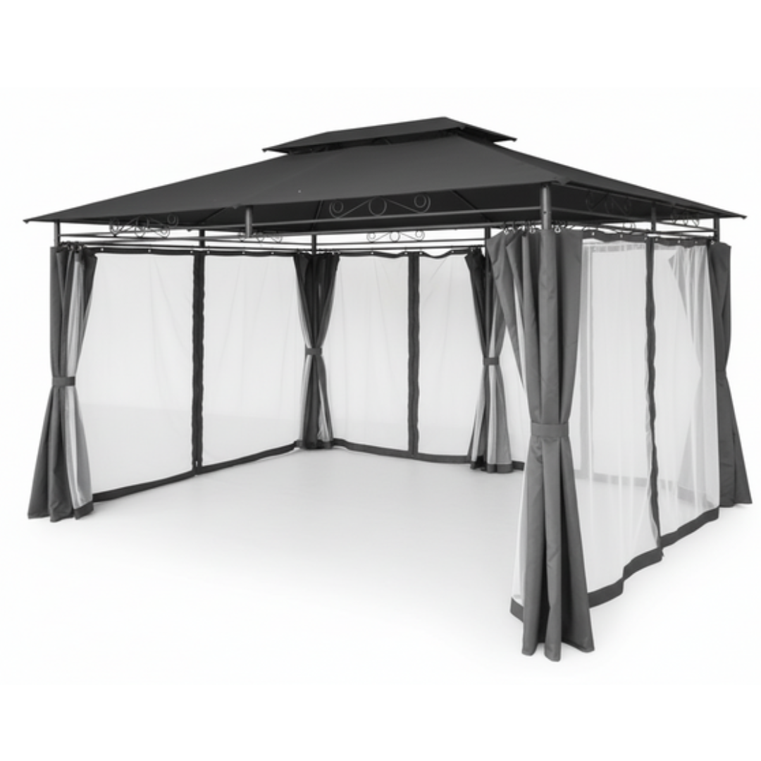 Gazebo da Giardino 3 x 4 m con Tende Laterali Grigio Scuro