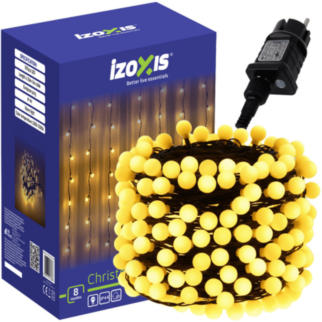 Luci di Natale a Sfera IZOXIS 300 LED – 30 m, Bianco Caldo, IP44, 8 Modalità + Flash – Per Esterni e Interni