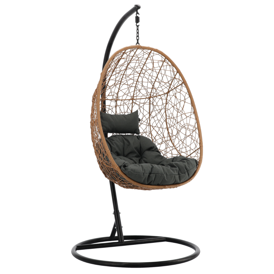 Poltrona Sospesa Garden Line Naturale Technorattan Cuscino Grigio Scuro 150kg