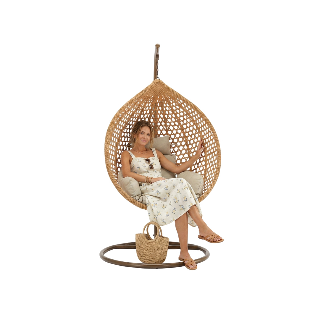 Poltrona Sospesa Garden Line Naturale Technorattan Cuscino Beige 150kg