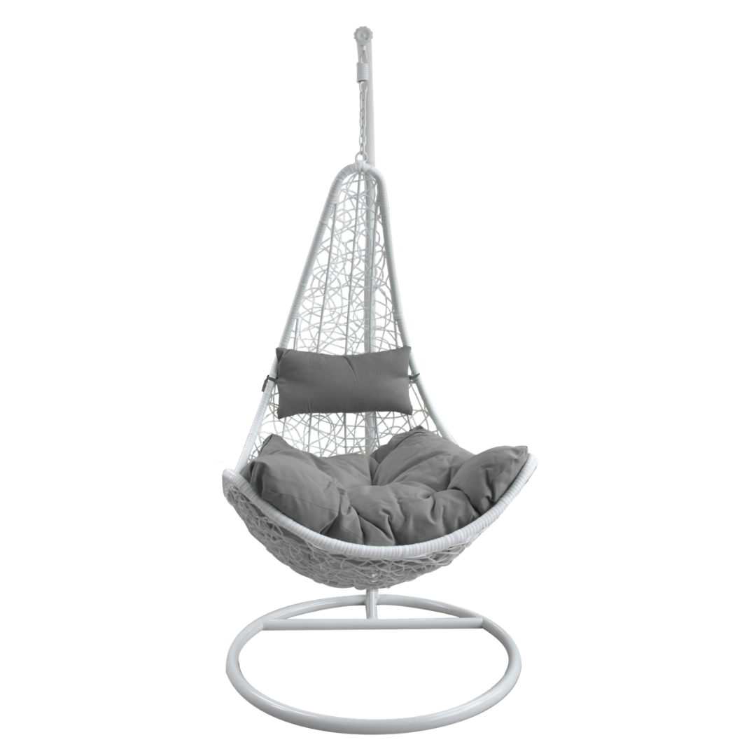 Poltrona Sospesa Garden Line Technorattan Bianca Cuscino Grigio 130kg